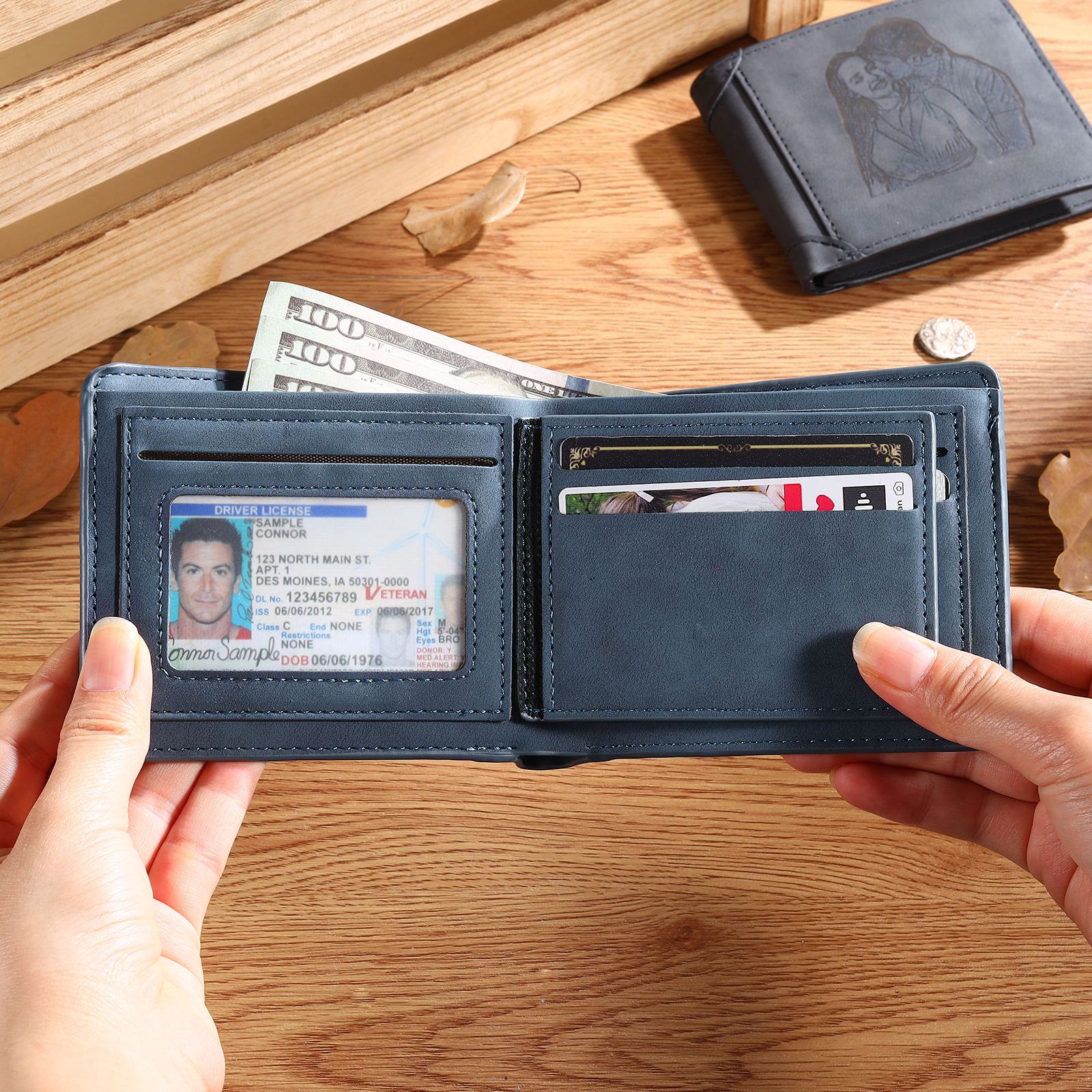 Personalised Men Leather Wallet Custom with Photo Name Letter Folding Wallet Gift for Him-Jessemade AU