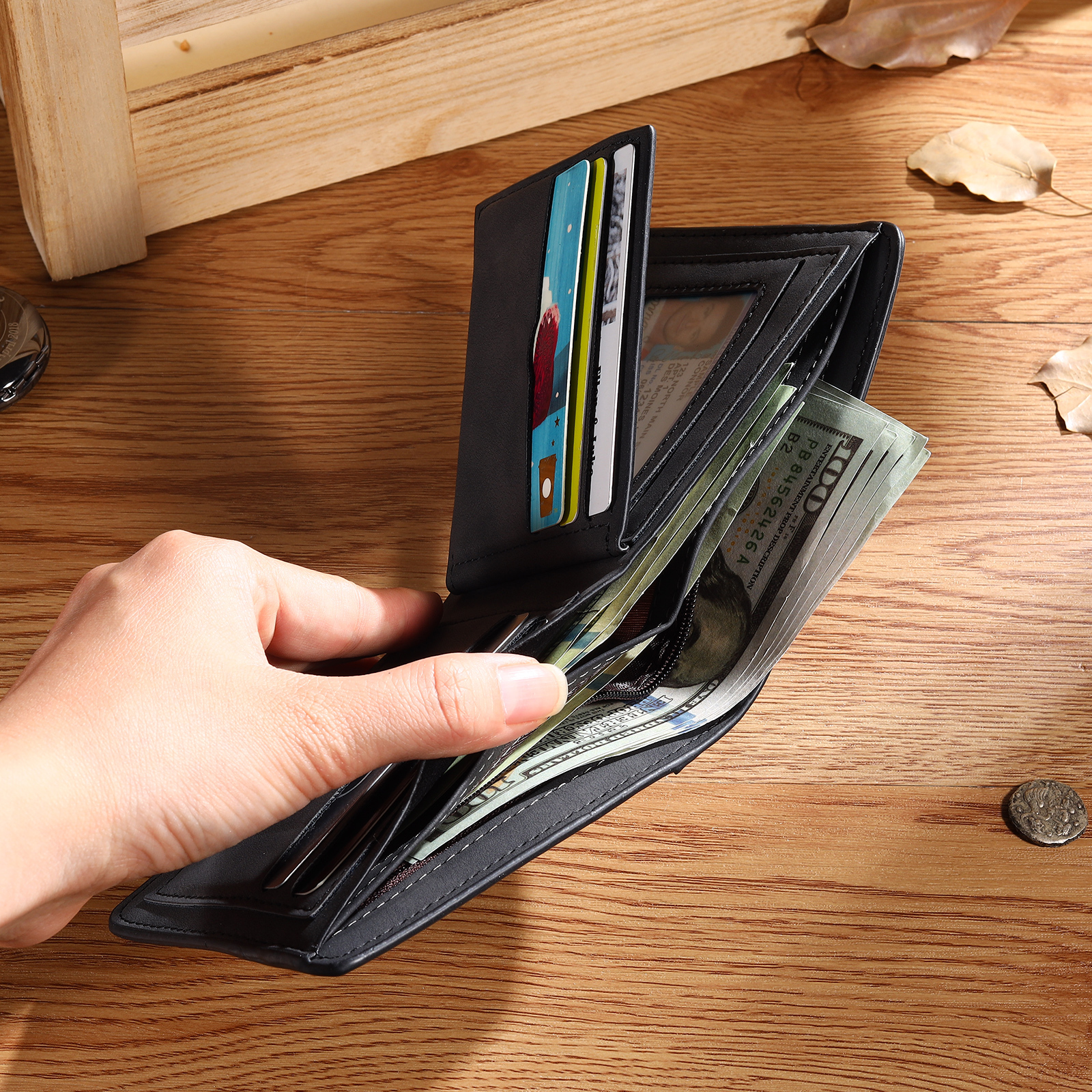 Personalised Men Leather Wallet Custom with Photo Name Letter Folding Wallet Gift for Him-Jessemade AU