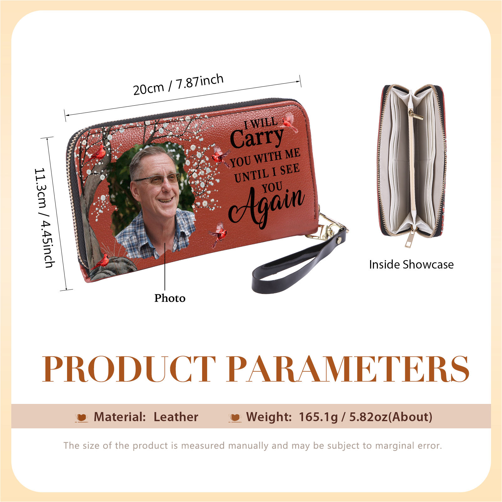 I Will Carry You With Me Until I See You Again Memorial Personalised Custom Photo Wallet with Cardinal Bird & Memorial Tree