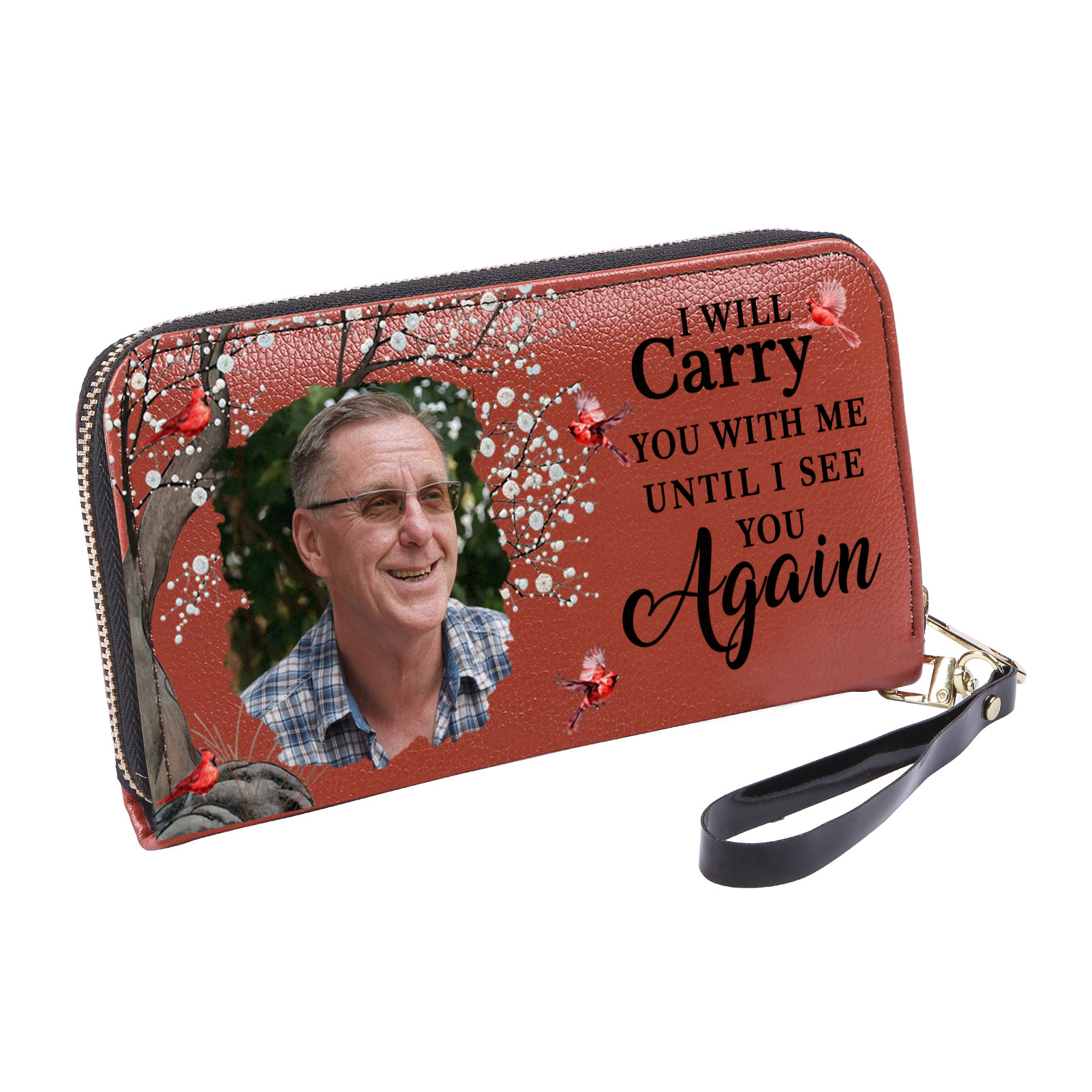 I Will Carry You With Me Until I See You Again Memorial Personalised Custom Photo Wallet with Cardinal Bird & Memorial Tree