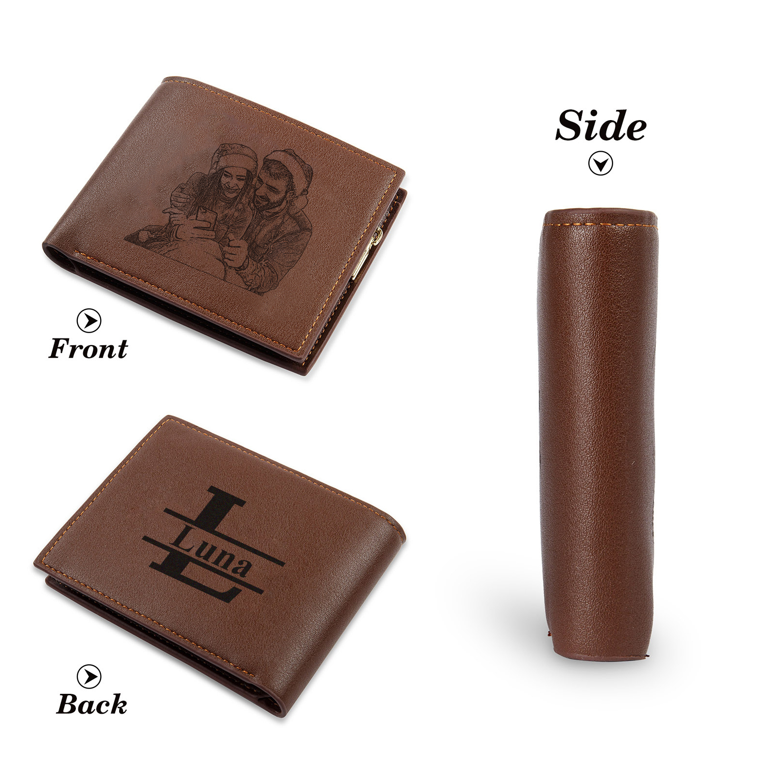 Men Photo Bifold Wallet Personalised Initial Monogram Wallet Brown Christmas Gift For Him-Jessemade AU