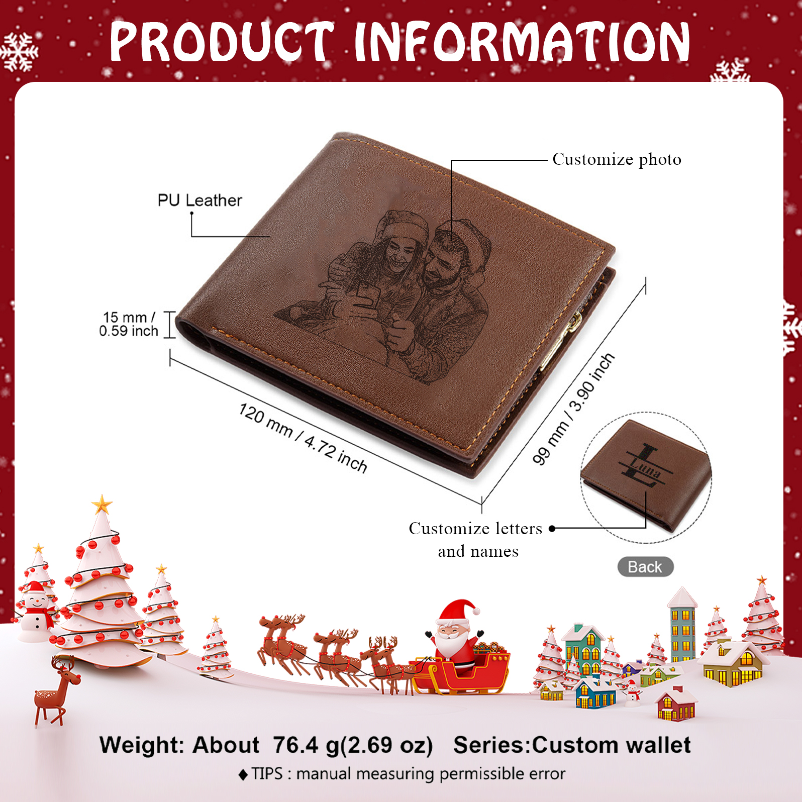 Men Photo Bifold Wallet Personalised Initial Monogram Wallet Brown Christmas Gift For Him-Jessemade AU