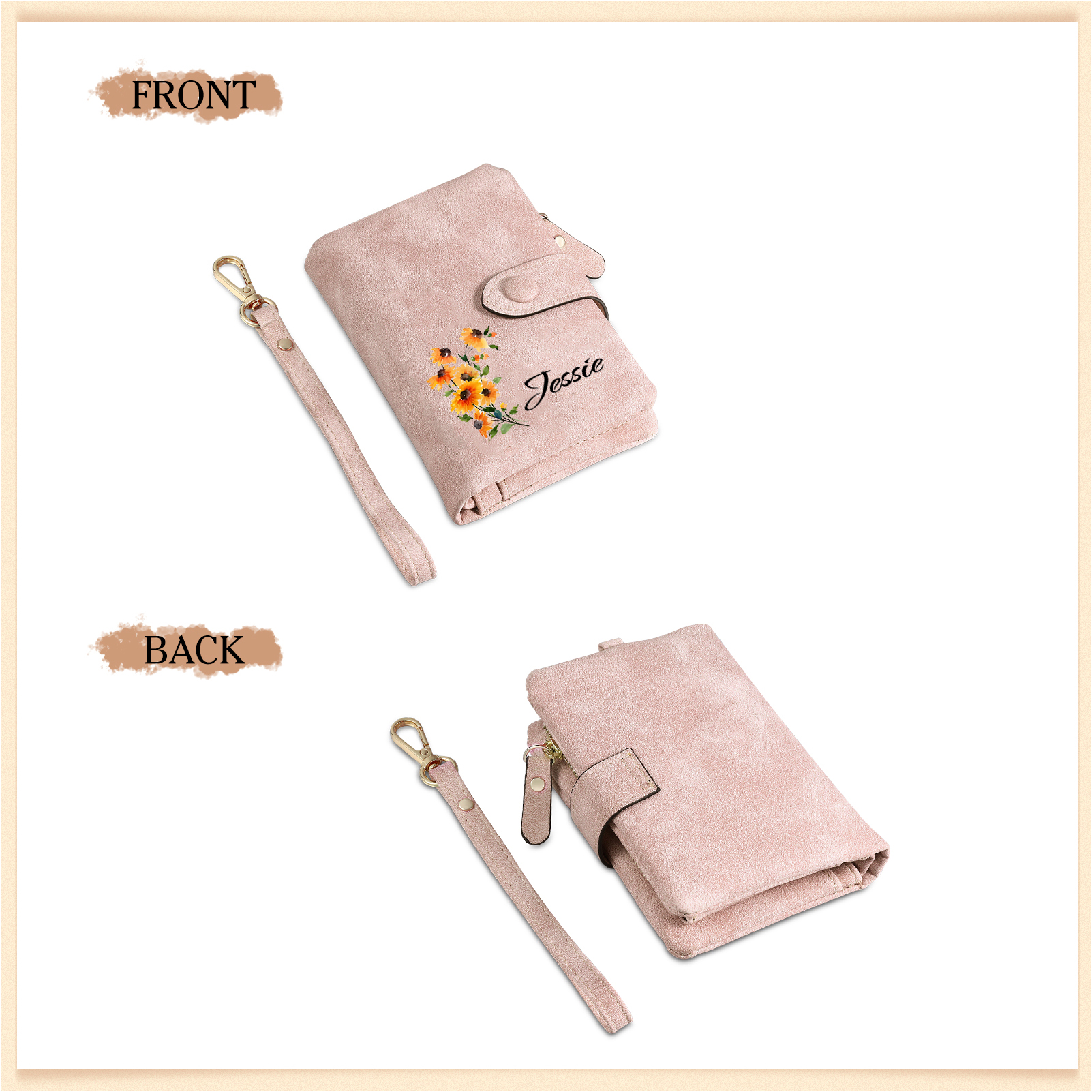 Personalised Leather Wallet for Women with 1 Name & Birthday Flower A Thoughtful Gift for Her-Jessemade AU