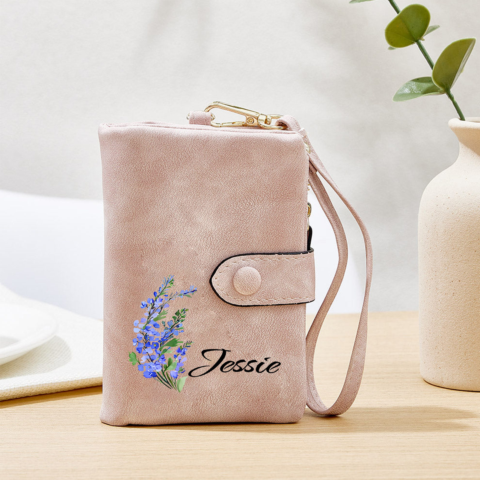 Personalised Leather Wallet for Women with 1 Name & Birthday Flower A Thoughtful Gift for Her