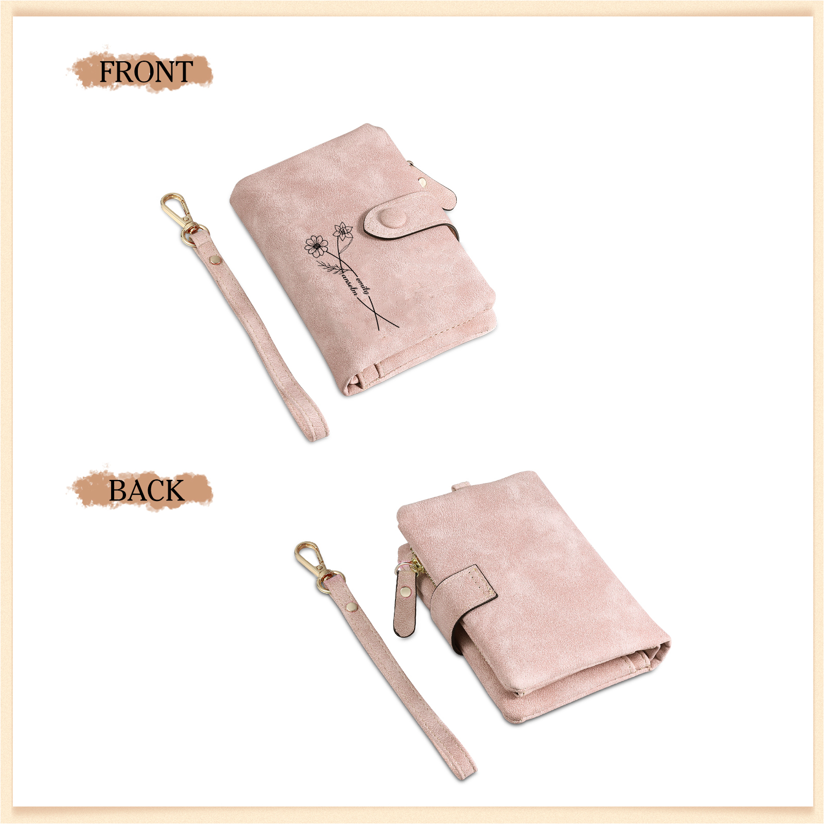 Personalised Leather Wallet for Women with 2 Names & Birthday Flowers A Thoughtful Gift for Her-Jessemade AU