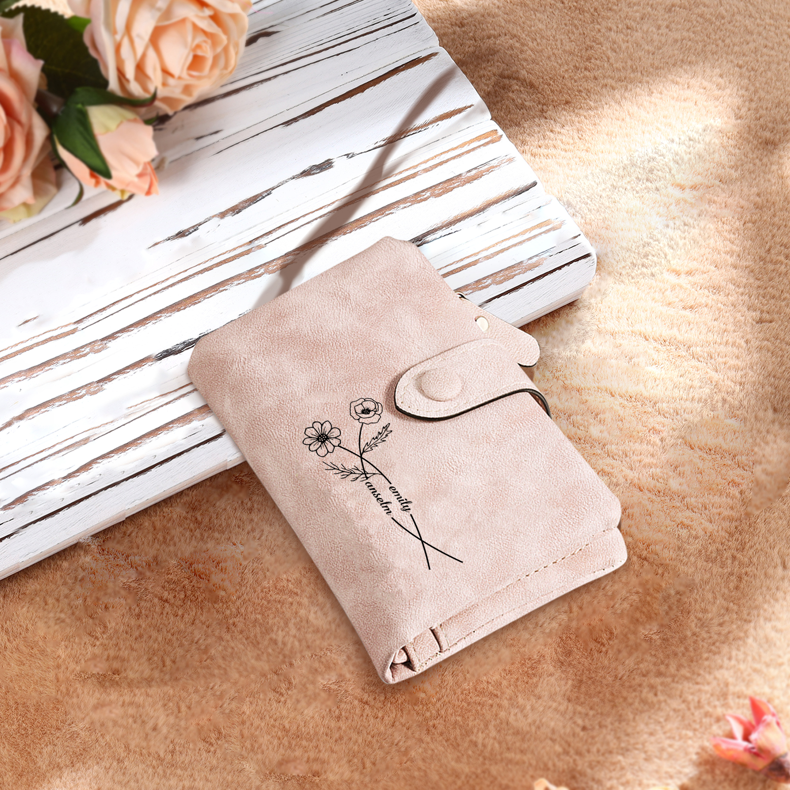 Personalised Leather Wallet for Women with 2 Names & Birthday Flowers A Thoughtful Gift for Her-Jessemade AU