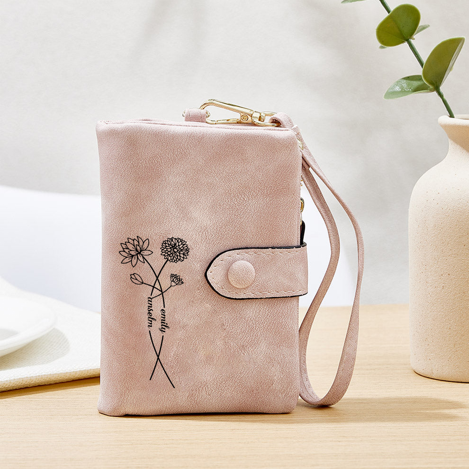 Personalised Leather Wallet for Women with 2 Names & Birthday Flowers A Thoughtful Gift for Her