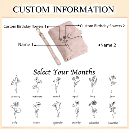 Personalised Leather Wallet for Women with 2 Names & Birthday Flowers A Thoughtful Gift for Her-Jessemade AU