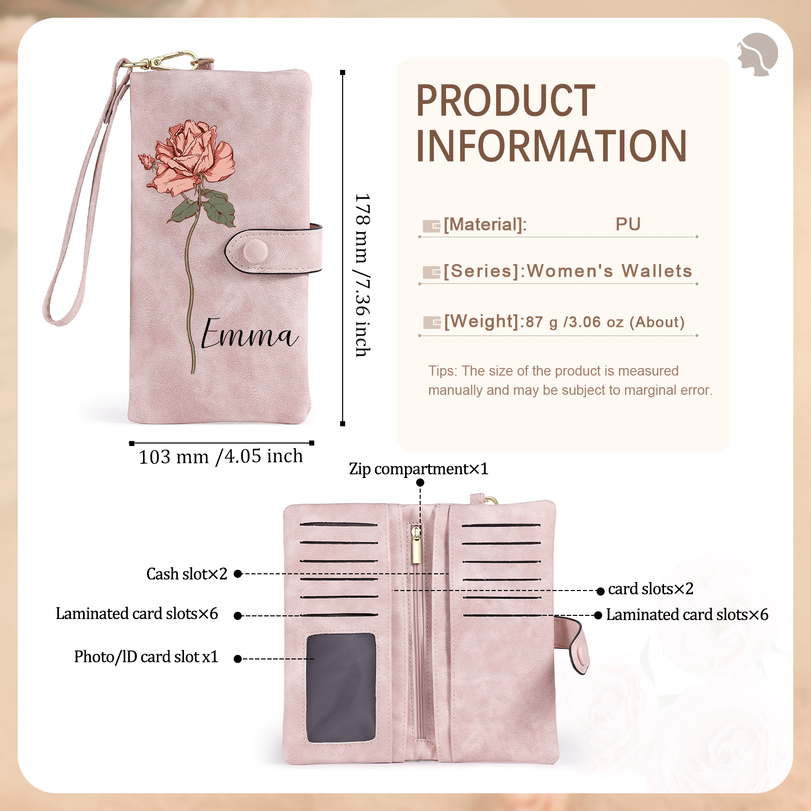 Personalised Women Wallet Custom Birth Flower Name Valentines Day Gift