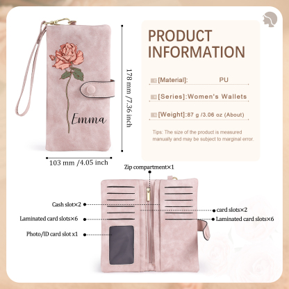 Personalised Women Wallet Custom Birth Flower Name Valentines Day Gift