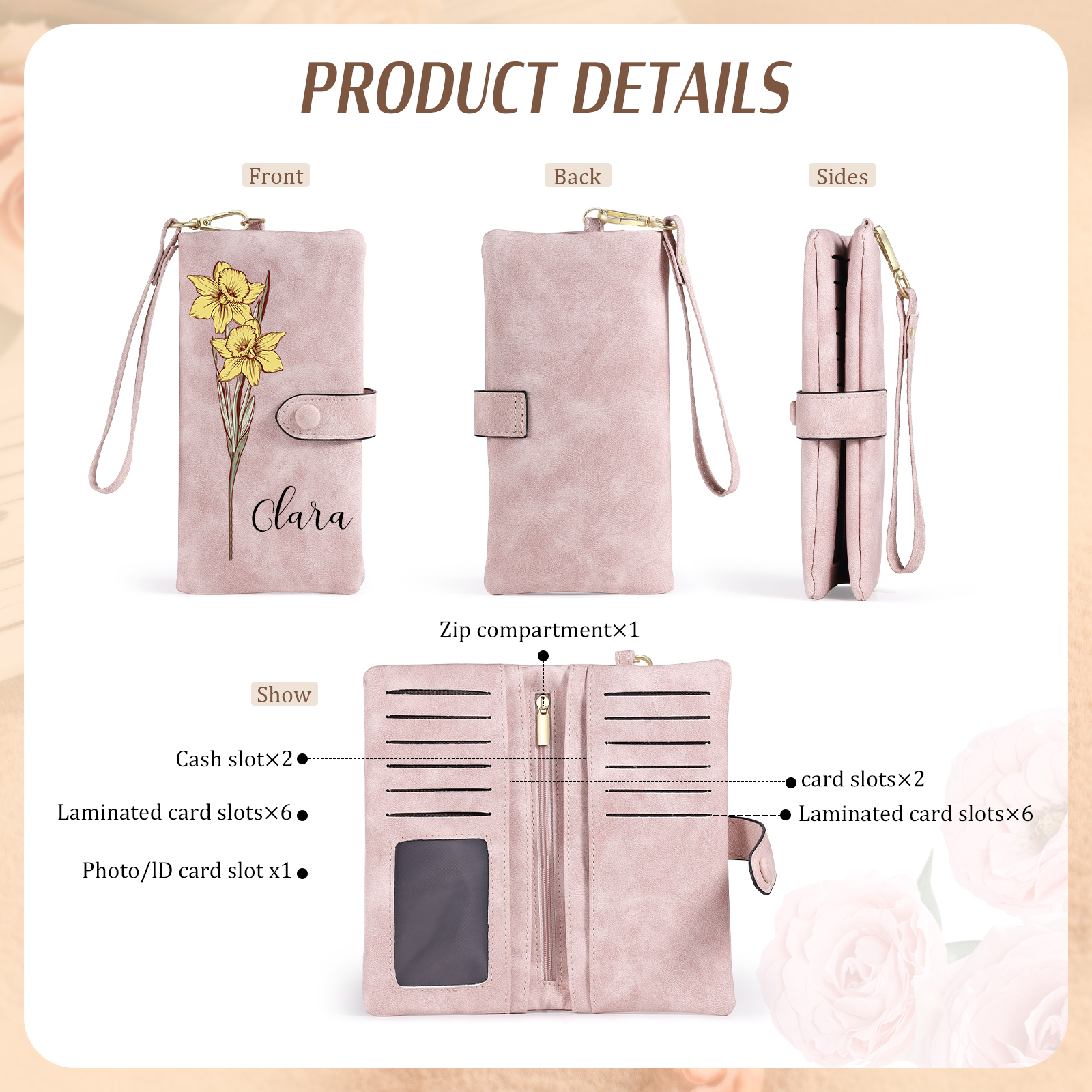 Personalised Women Wallet Custom Birth Flower Name Valentines Day Gift