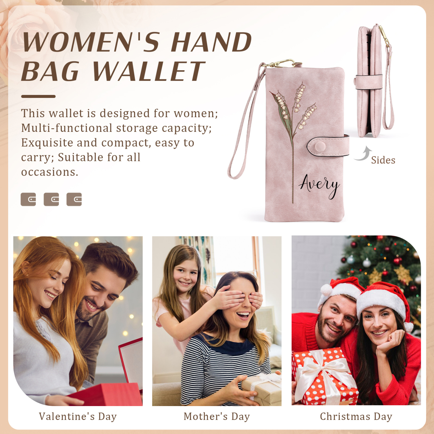 Personalised Women Wallet Custom Birth Flower Name Valentines Day Gift