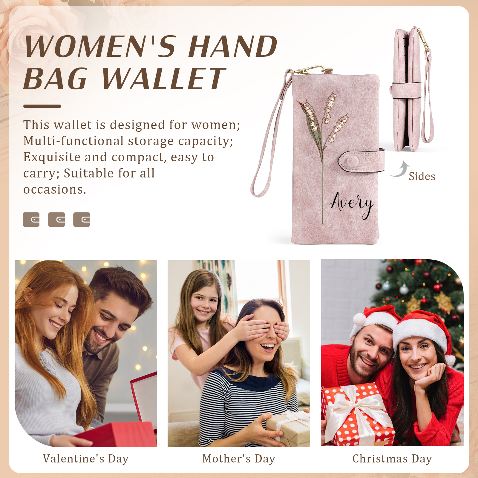 Personalised Women Wallet Custom Birth Flower Name Valentines Day Gift