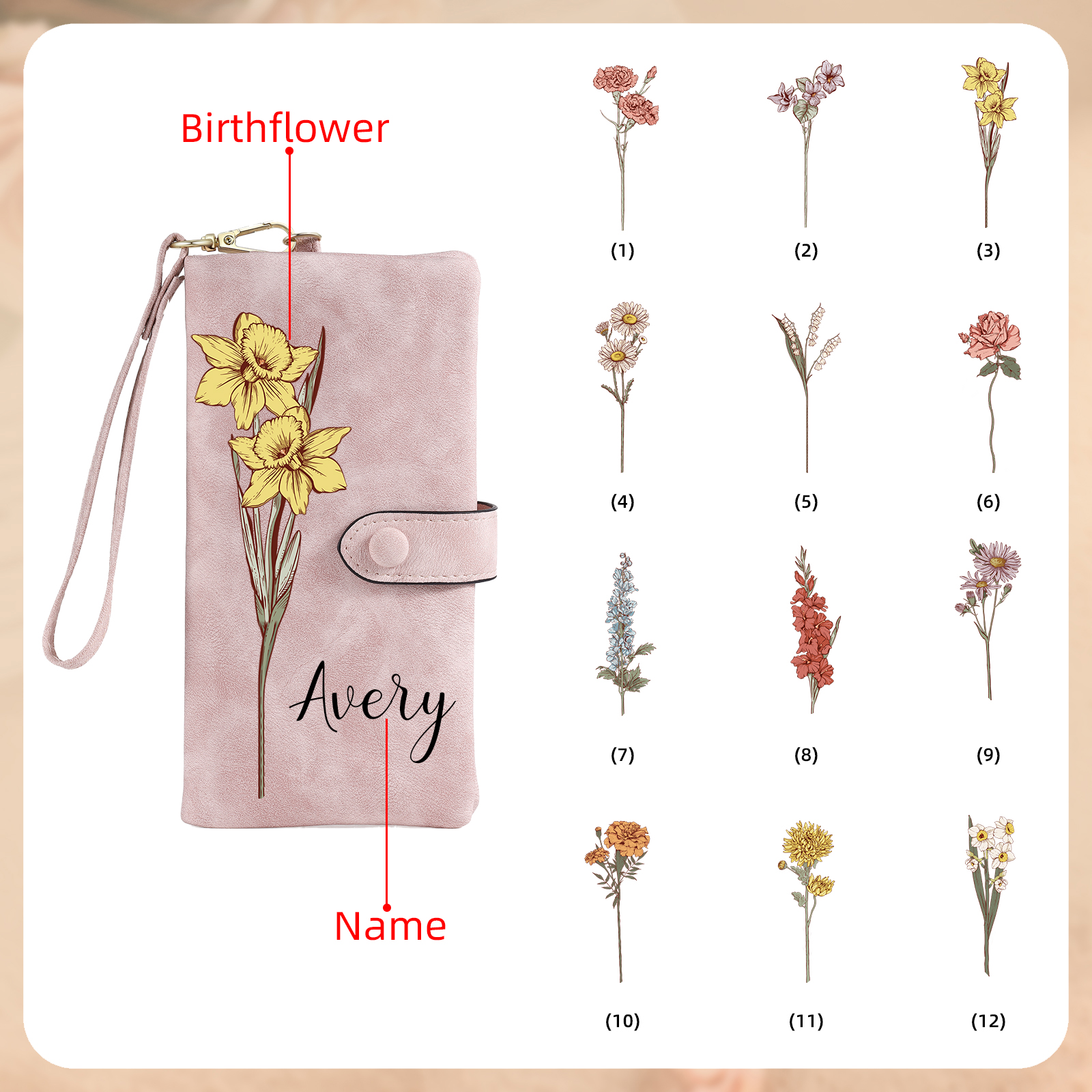 Personalised Women Wallet Custom Birth Flower Name Valentines Day Gift