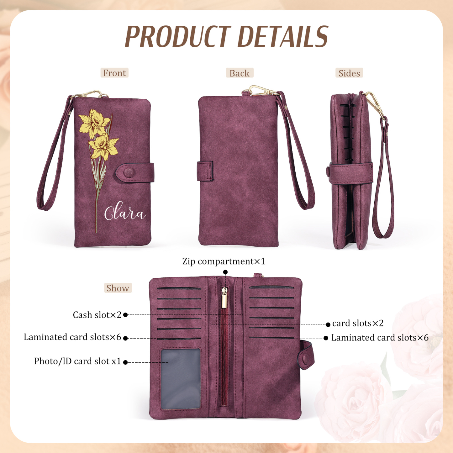 Personalised Women Wallet Custom Birth Flower Name Valentines Day Gift