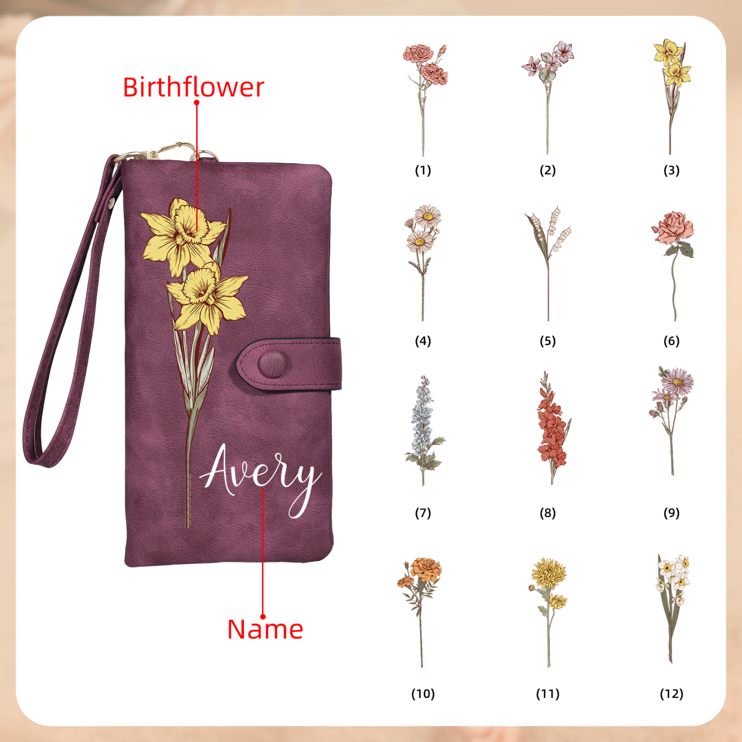 Personalised Women Wallet Custom Birth Flower Name Valentines Day Gift