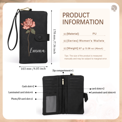 Personalised Women Wallet Custom Birth Flower Name Valentines Day Gift