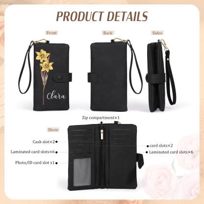 Personalised Women Wallet Custom Birth Flower Name Valentines Day Gift