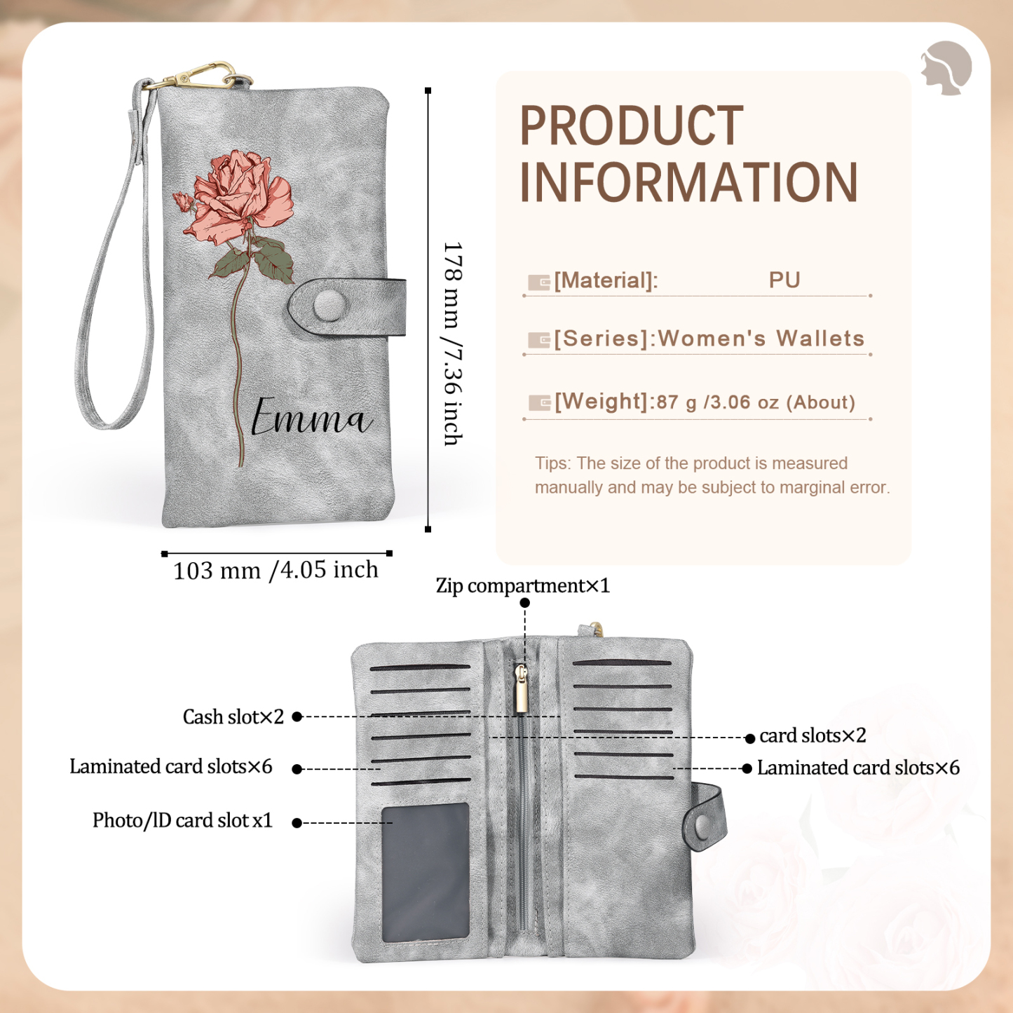 Personalised Women Wallet Custom Birth Flower Name Valentines Day Gift