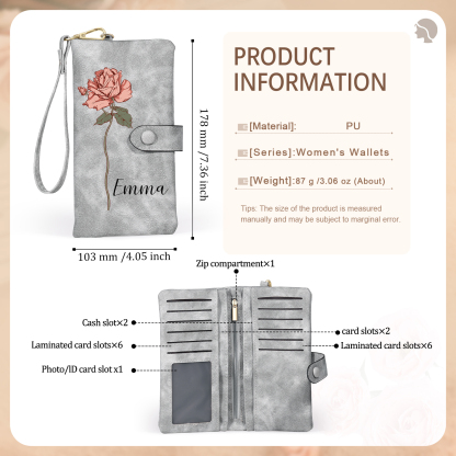 Personalised Women Wallet Custom Birth Flower Name Valentines Day Gift