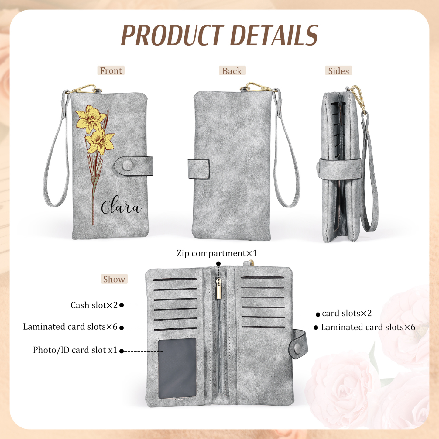 Personalised Women Wallet Custom Birth Flower Name Valentines Day Gift