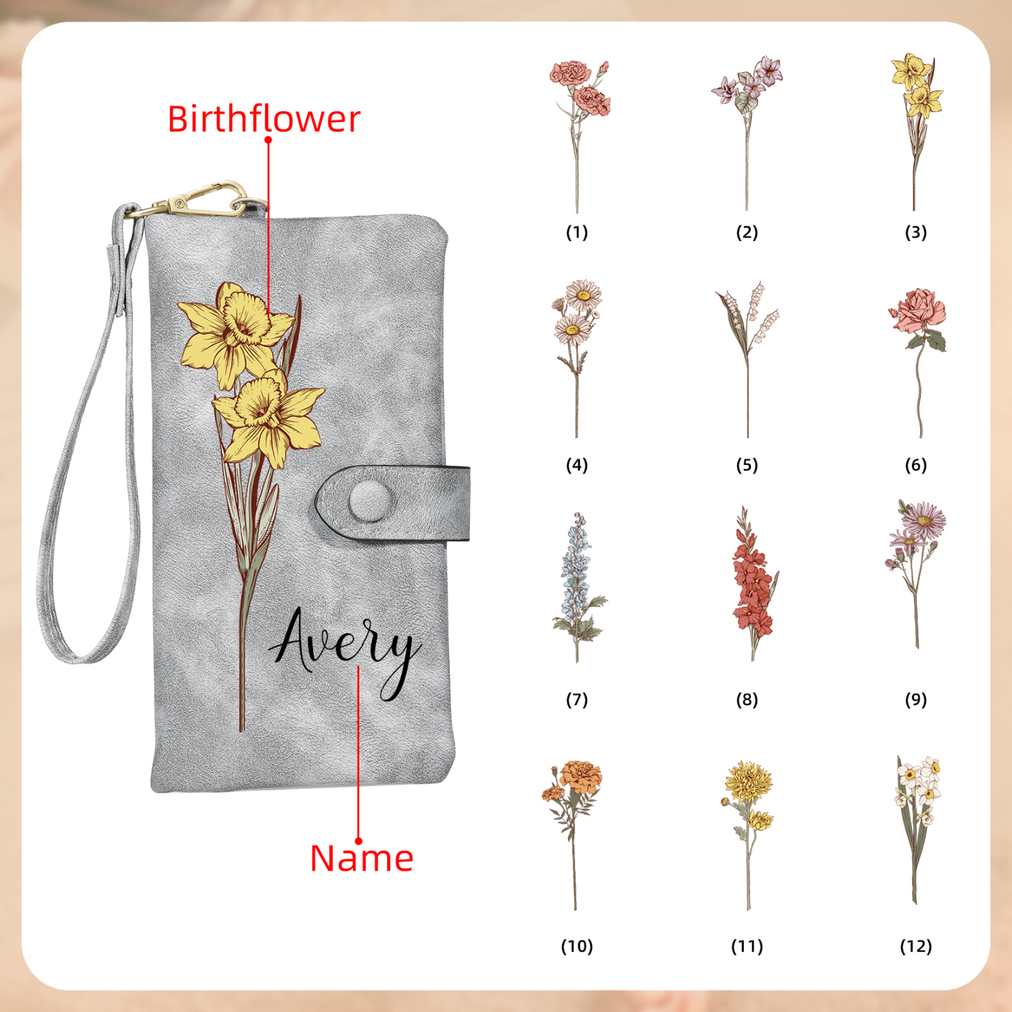 Personalised Women Wallet Custom Birth Flower Name Valentines Day Gift