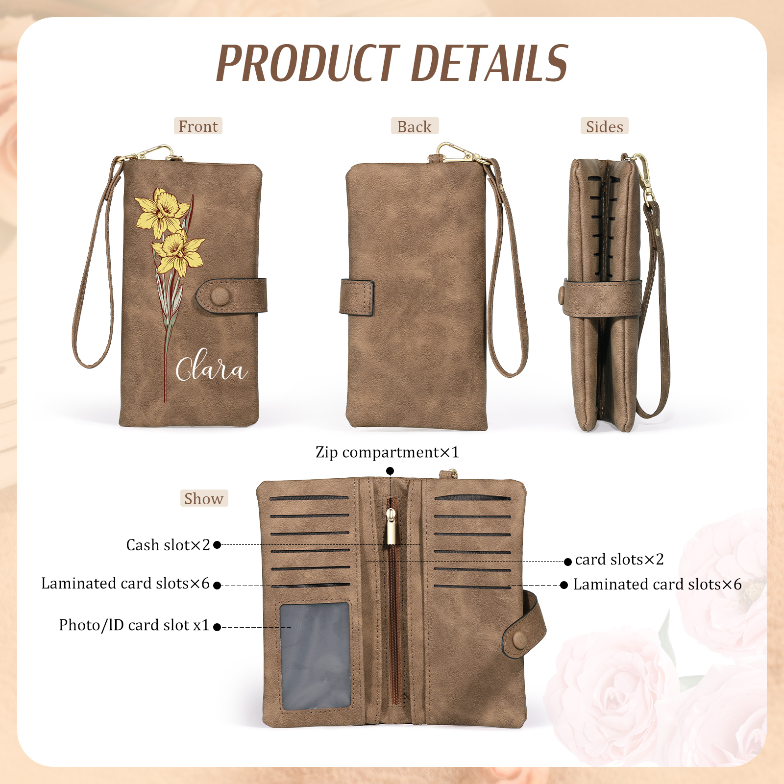 Personalised Women Wallet Custom Birth Flower Name Valentines Day Gift