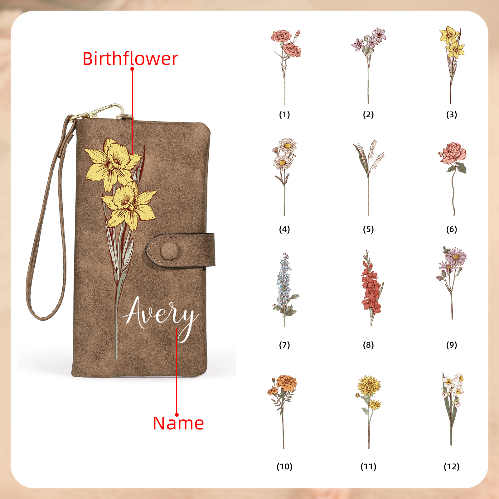 Personalised Women Wallet Custom Birth Flower Name Valentines Day Gift