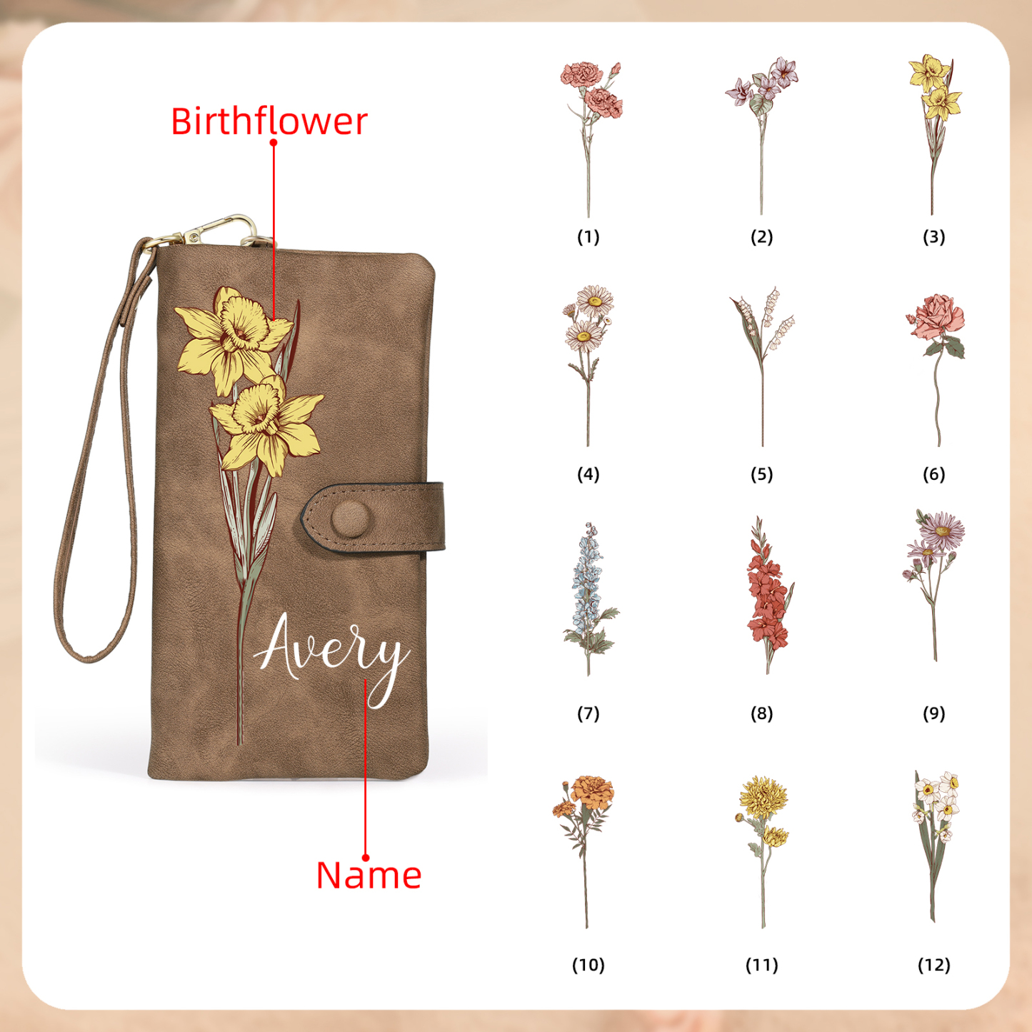 Personalised Women Wallet Custom Birth Flower Name Valentines Day Gift