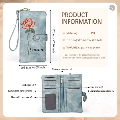 Personalised Women Wallet Custom Birth Flower Name Valentines Day Gift