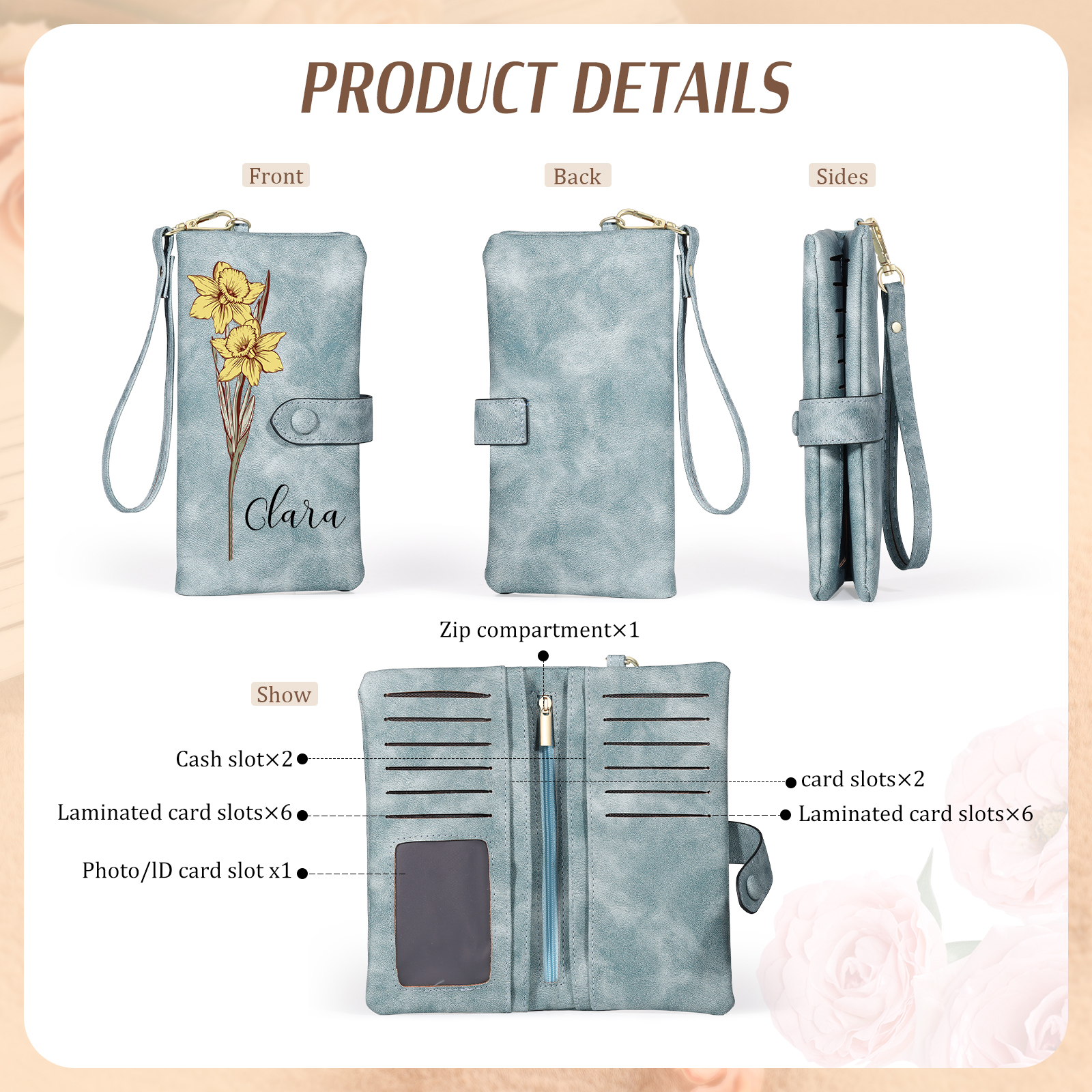 Personalised Women Wallet Custom Birth Flower Name Valentines Day Gift