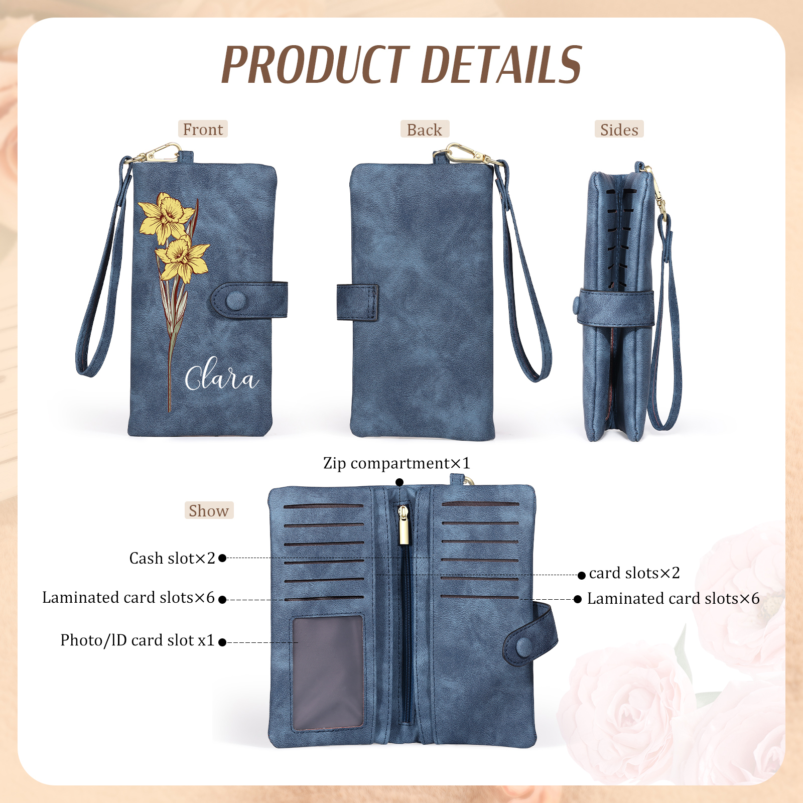 Personalised Women Wallet Custom Birth Flower Name Valentines Day Gift