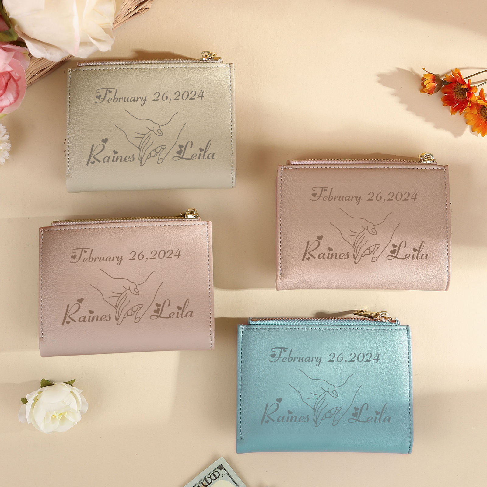 Personalised Women Wallet Custom Date Names with Holding Hands Design Gift For Her