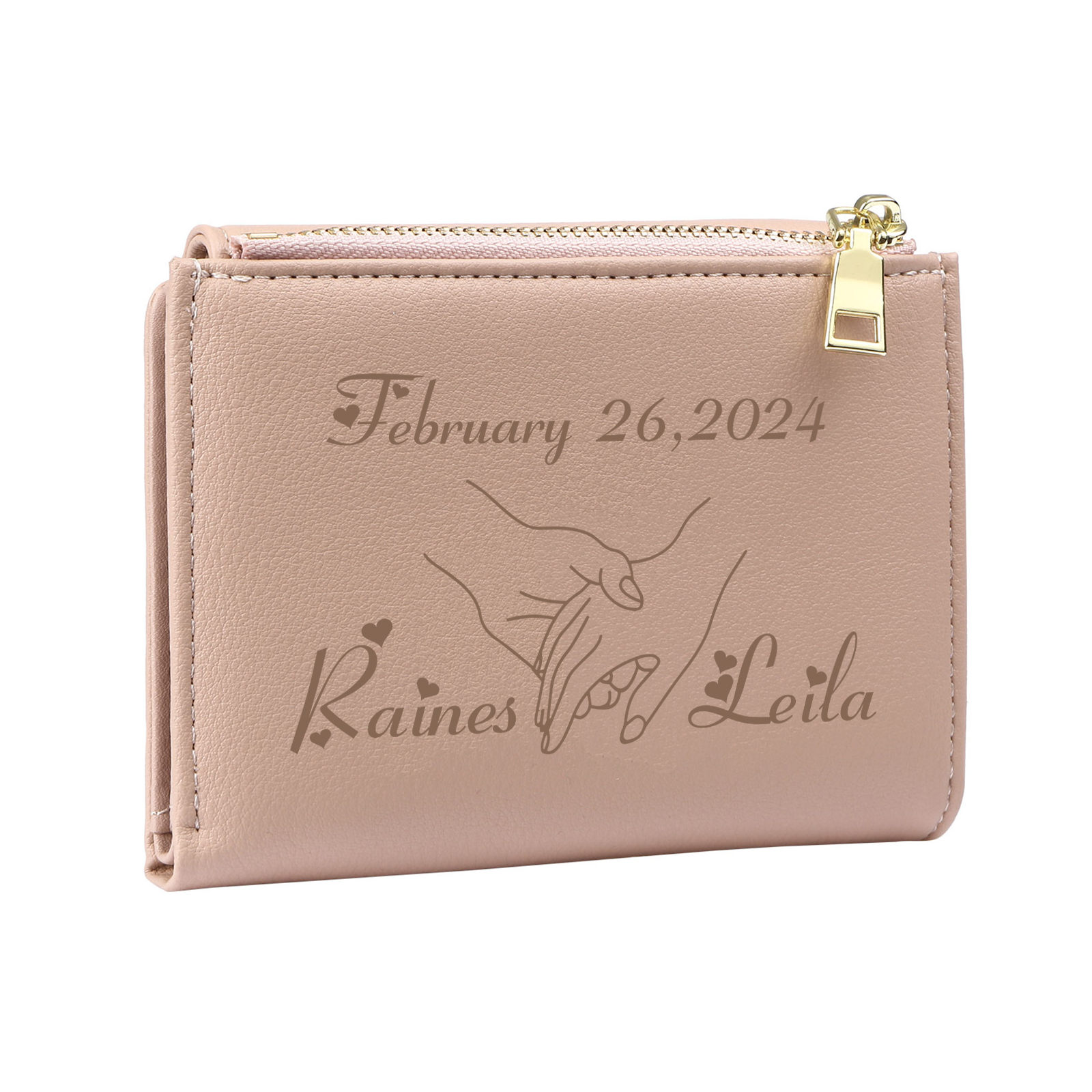 Personalised Women Wallet Custom Date Names with Holding Hands Design Gift For Her