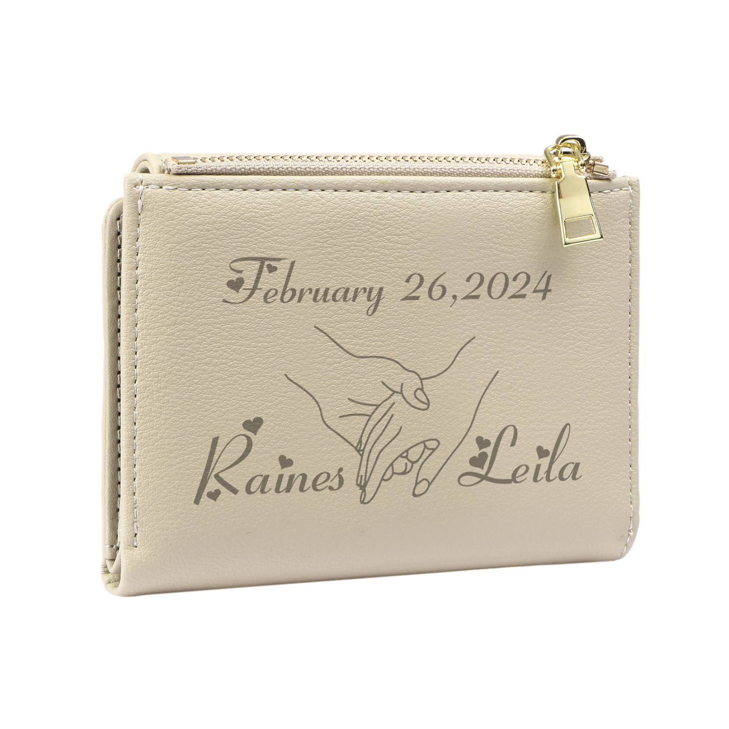 Personalised Women Wallet Custom Date Names with Holding Hands Design Gift For Her