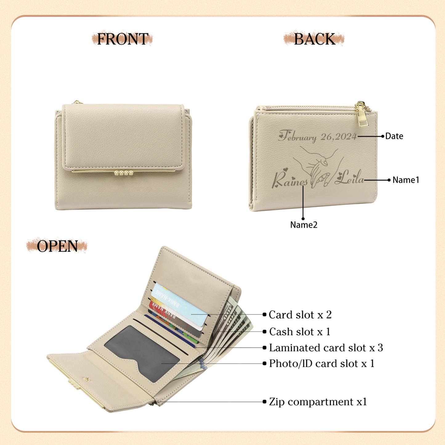 Personalised Women Wallet Custom Date Names with Holding Hands Design Gift For Her