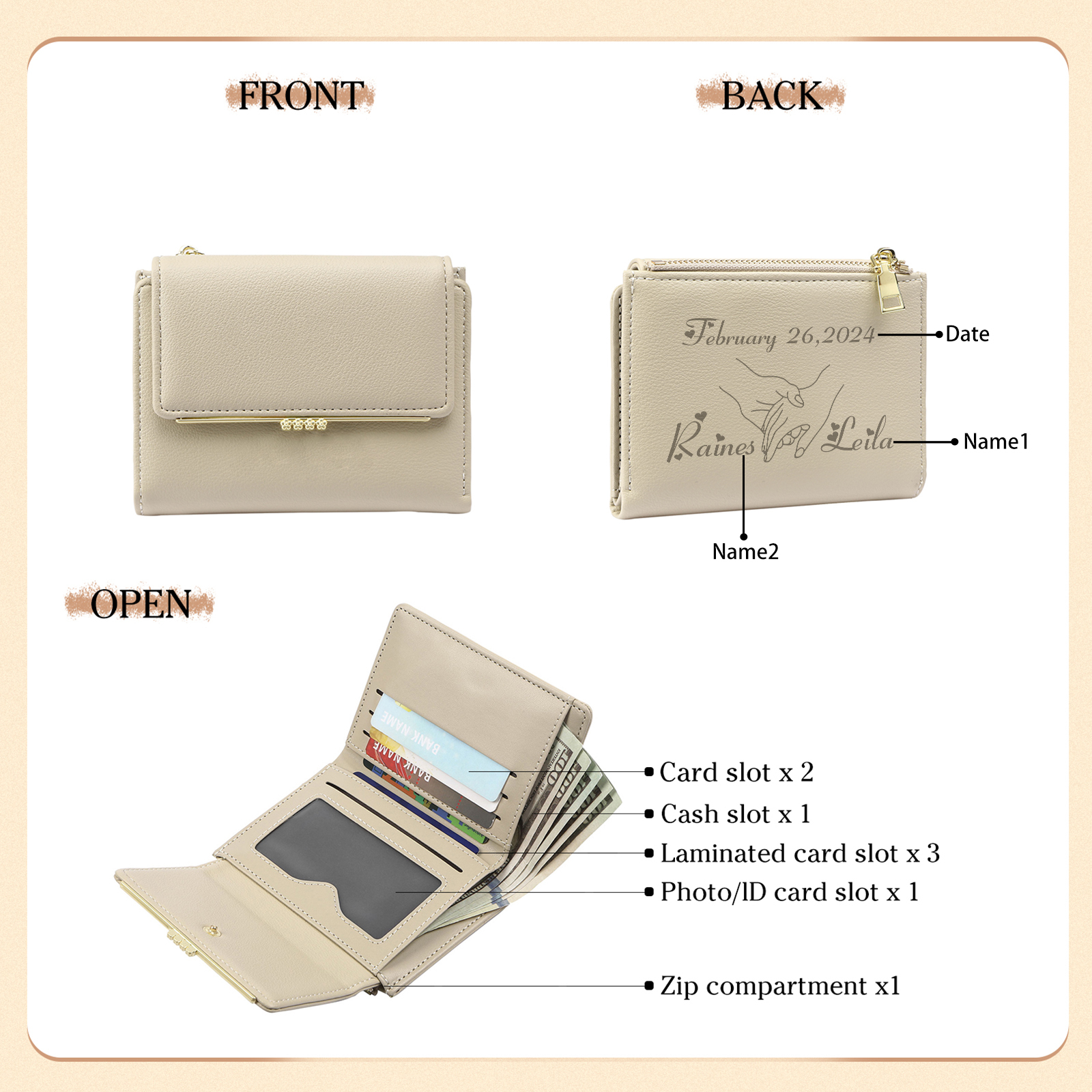 Personalised Women Wallet Custom Date Names with Holding Hands Design Gift For Her