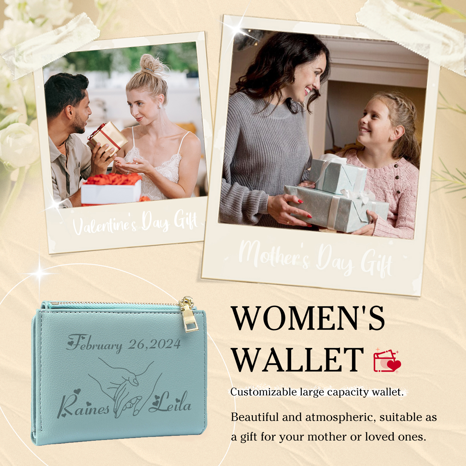 Personalised Women Wallet Custom Date Names with Holding Hands Design Gift For Her