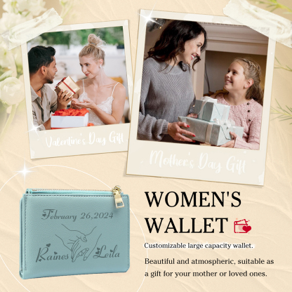 Personalised Women Wallet Custom Date Names with Holding Hands Design Gift For Her