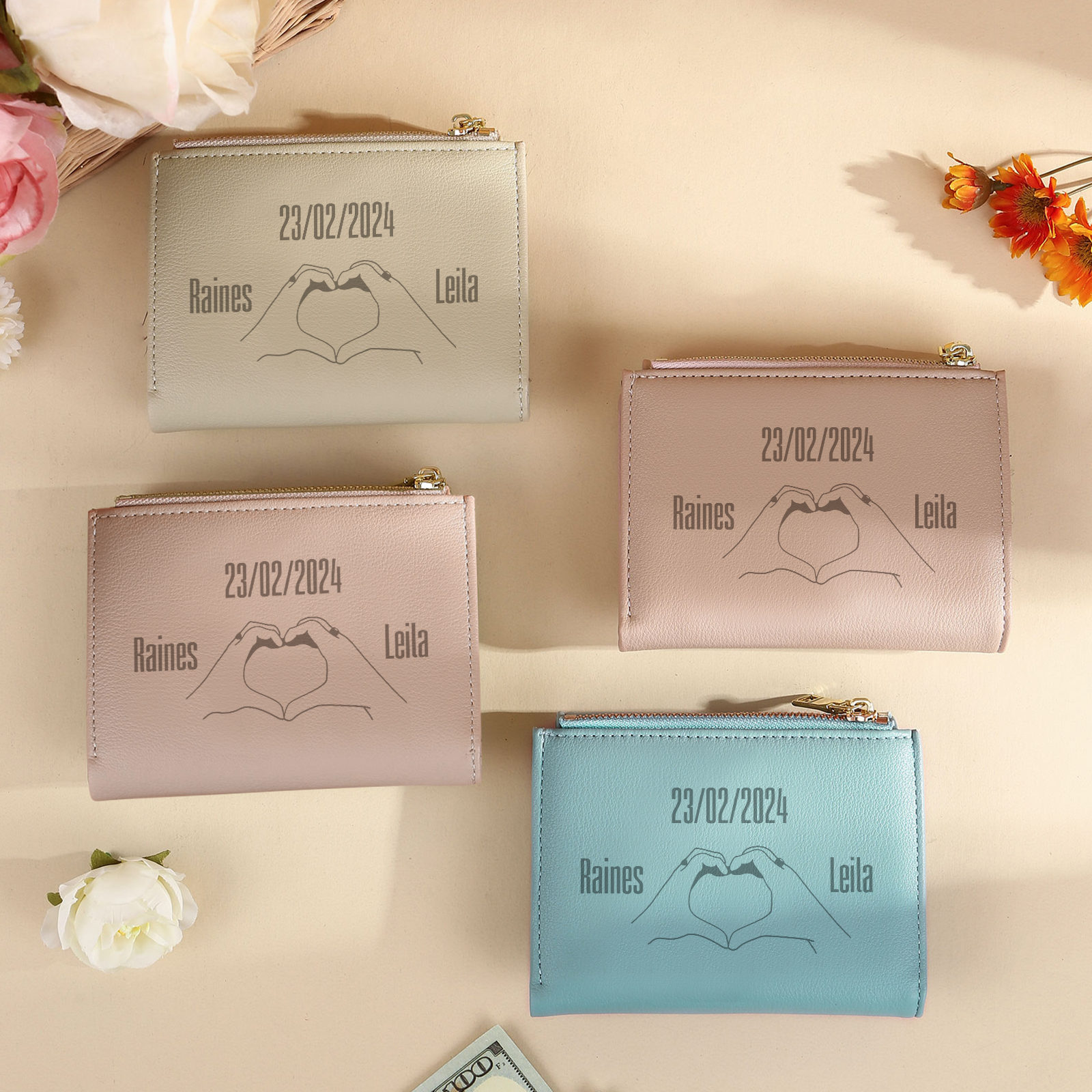 Personalised Women Wallet Custom Text Names Date Heart Hand Valentines Day Gift