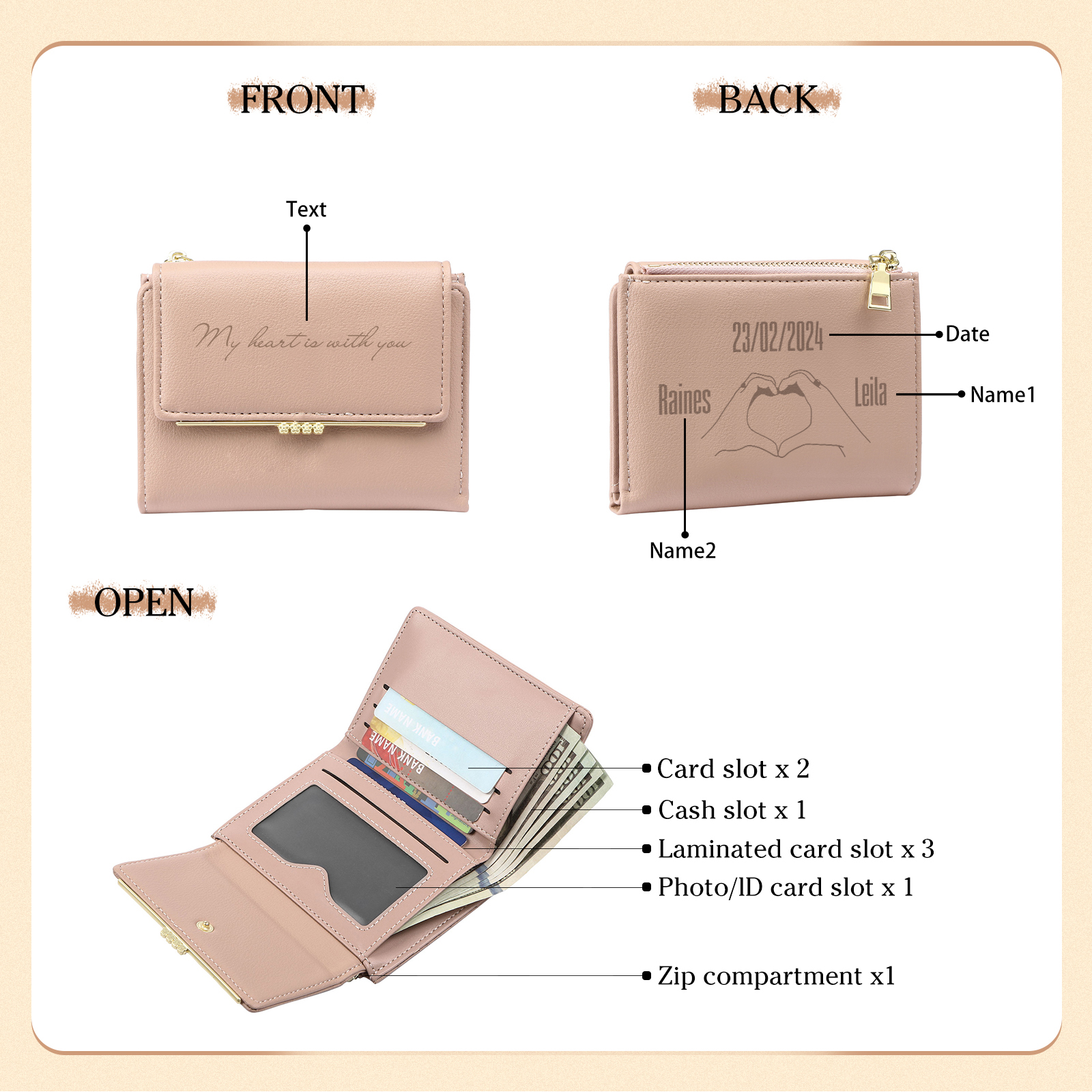 Personalised Women Wallet Custom Text Names Date Heart Hand Valentines Day Gift
