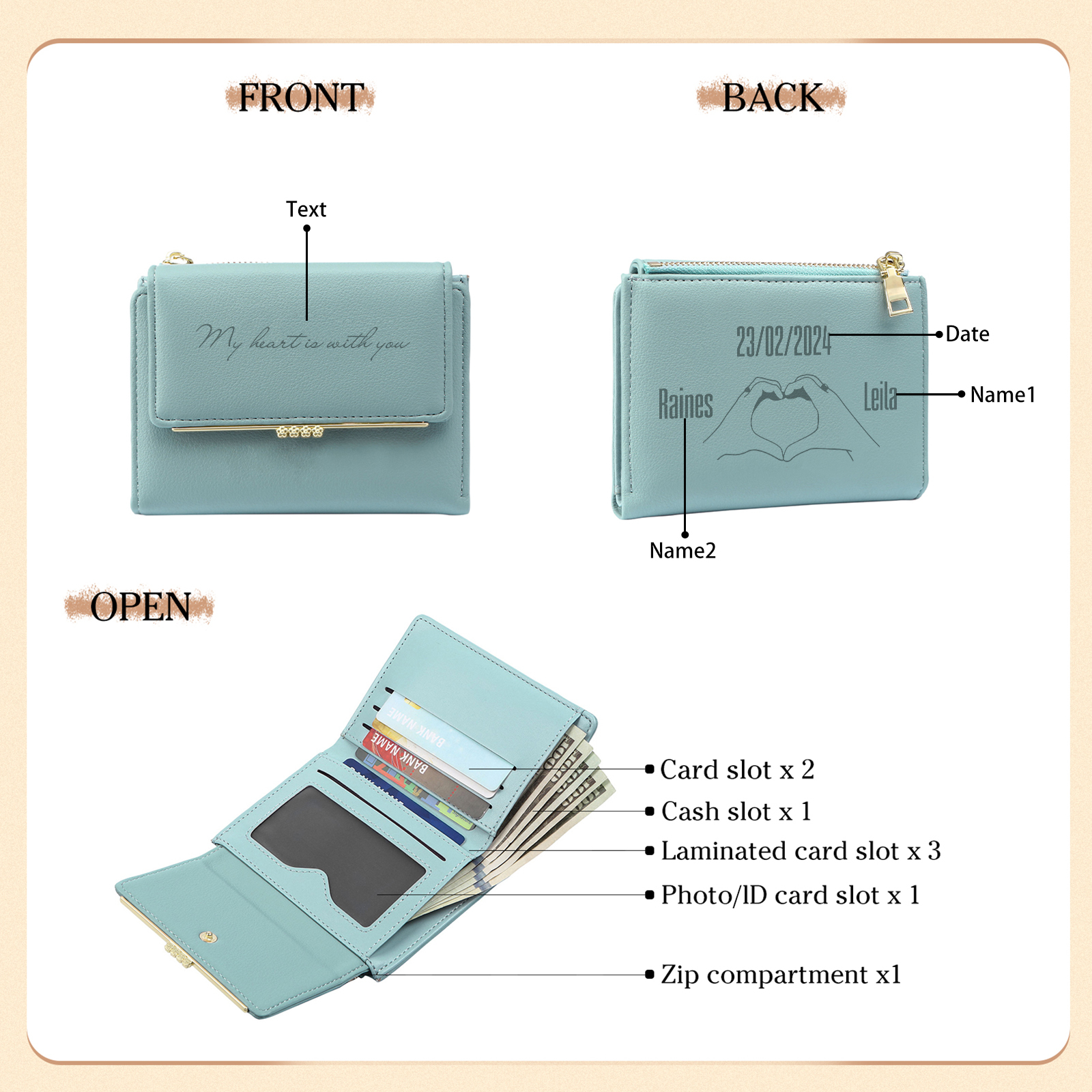 Personalised Women Wallet Custom Text Names Date Heart Hand Valentines Day Gift