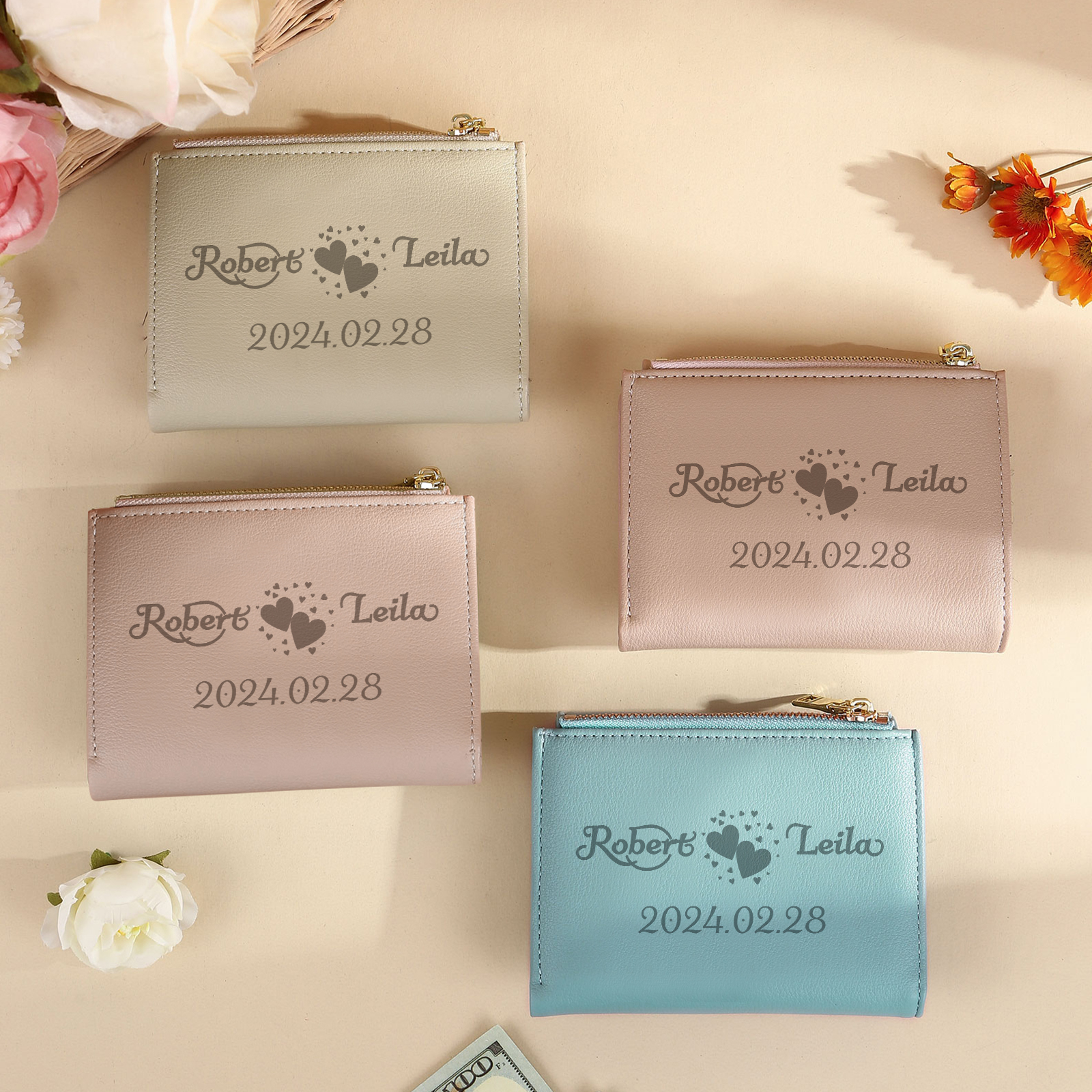 Personalised Women Wallet Custom Text Names Date Gift for Her