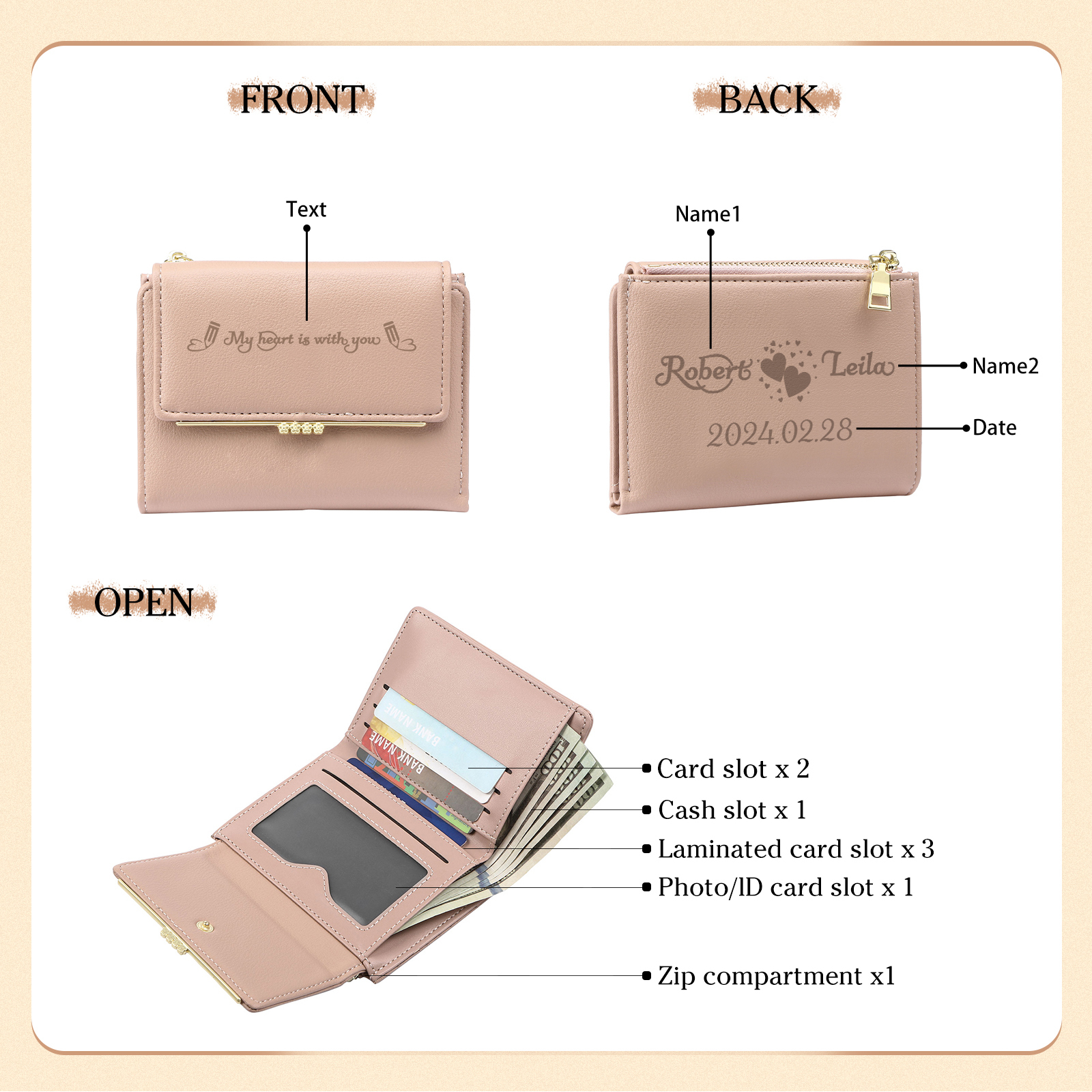 Personalised Women Wallet Custom Text Names Date Gift for Her