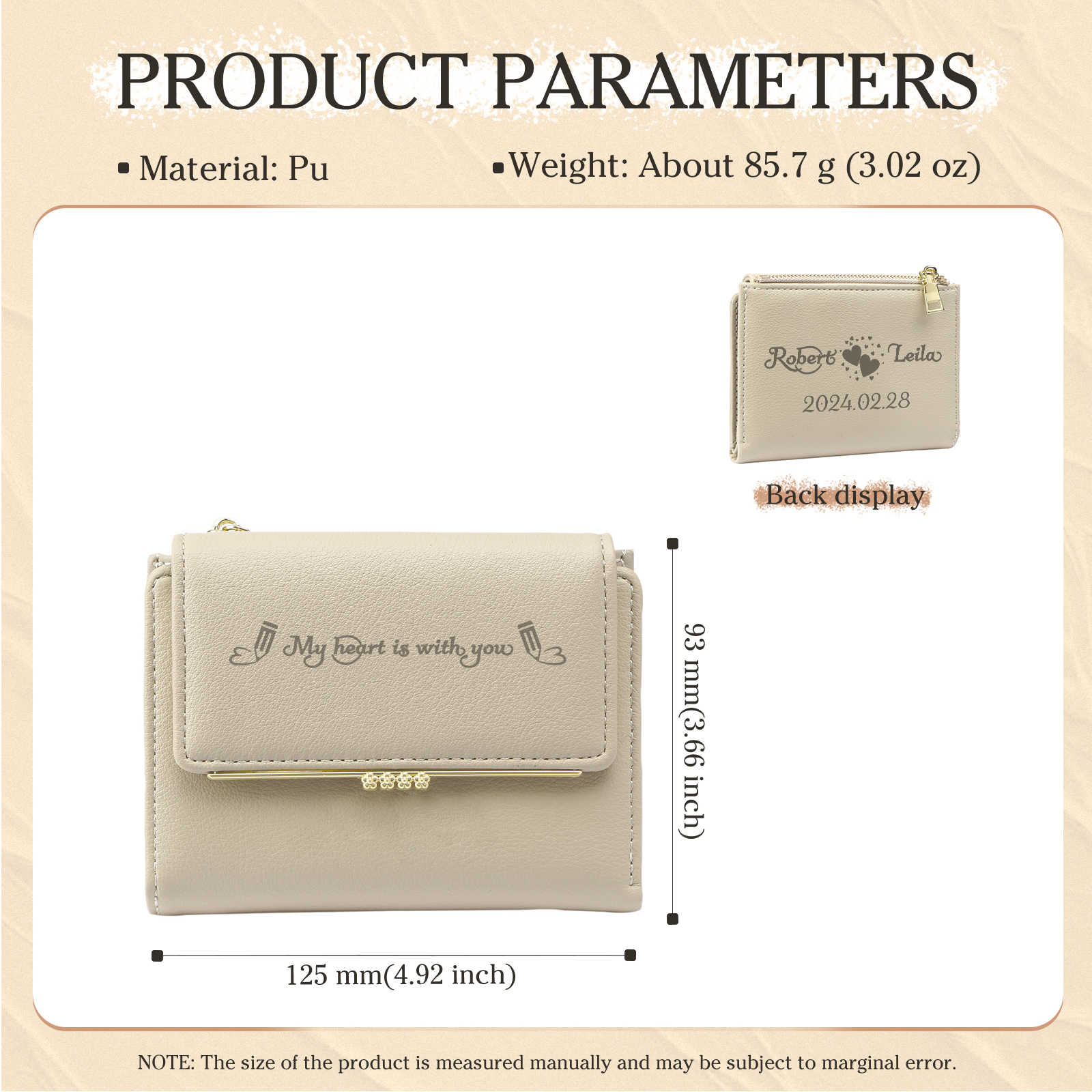 Personalised Women Wallet Custom Text Names Date Gift for Her