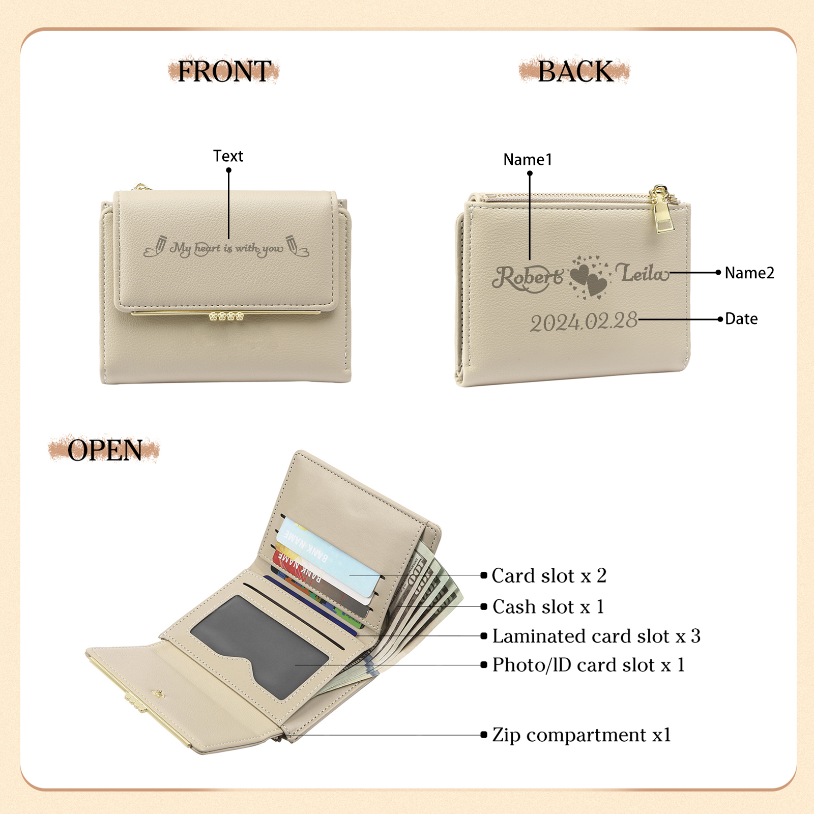 Personalised Women Wallet Custom Text Names Date Gift for Her