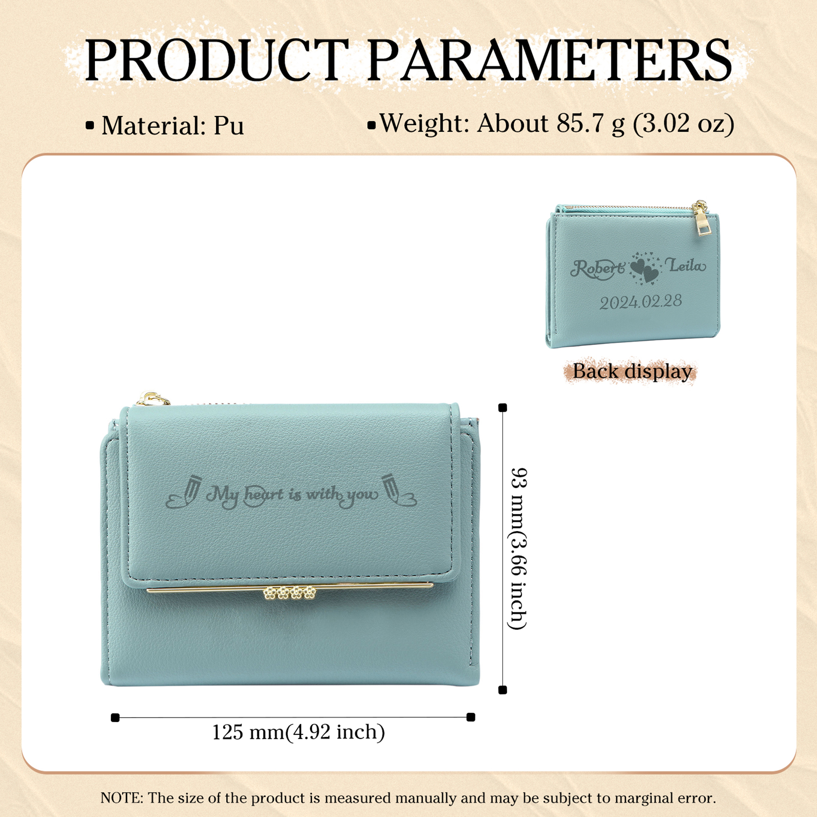 Personalised Women Wallet Custom Text Names Date Gift for Her