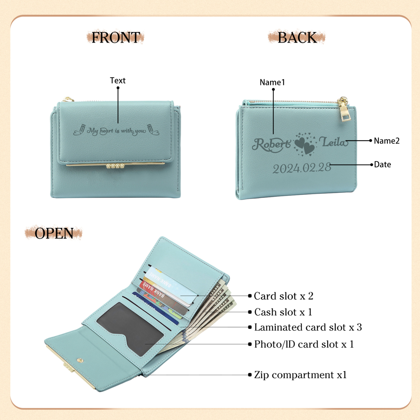 Personalised Women Wallet Custom Text Names Date Gift for Her