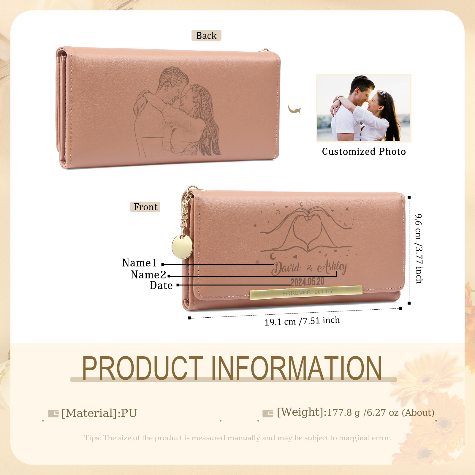 Personalised PU Leather Wallet Two Hands Make a Heart Women's Custom 1 Photo 2 Names 1Date Purse Gift for Her