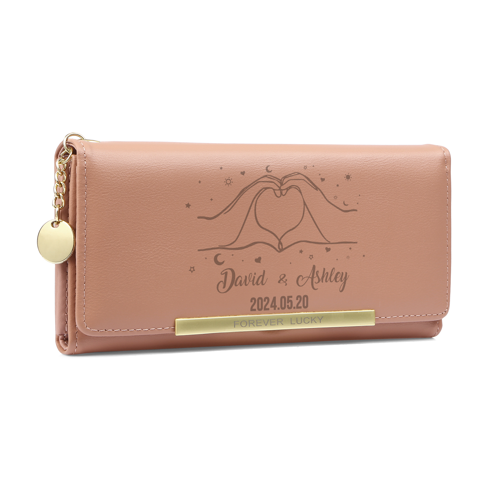 Personalised PU Leather Wallet Two Hands Make a Heart Women's Custom 1 Photo 2 Names 1Date Purse Gift for Her